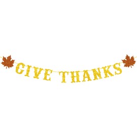Starsgarden Gold Glitter Give Thanks Banners Maple Leaves Pumpkins Turkeys Banner for Thanksgiving Day, Happy Thanksgiving Fall Party Sign Banner Garland Decoration for Mantle Dinner Table Fireplace