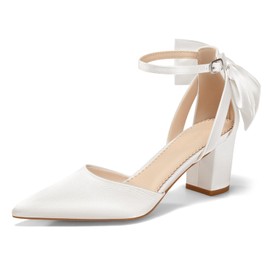 Coutgo Womens Chunky Heels Low Heel Ankle Strap D'Orsay Pumps Closed Pointed Toe Wedding Bridal Shoes, White, Size 9