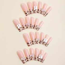 Press On Nails - Long Square French Tip False Nails with Brown Cheetah Design, 3D Bow Charm, Glossy Acrylic Finish, 24pcs