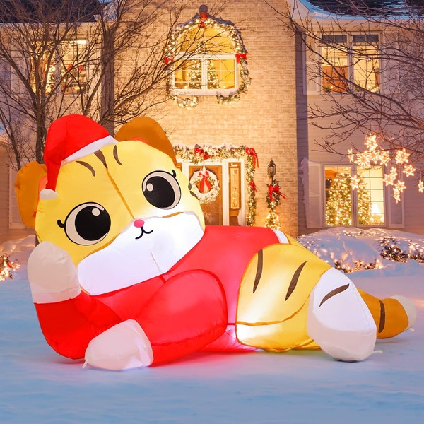 GOOSH 5 FT Christmas Cat Inflatables Outdoor Decoration, Christmas Cat Blow Up with Built-in LEDs for Christmas Indoor Outdoor Yard Lawn Garden Decorations