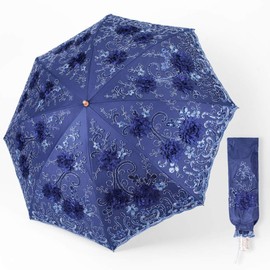 Honeystore Vintage Lace UV Sun Parasol Folding 3D Flower Embroidery Umbrella 6218 Navy
