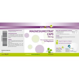Vita2You Magnesiumcitrat Caps 200 Kapseln - 700mg Magnesiumdicitrat pro Kapsel - Hohe 16% reines Magnesium – Hochdosiert - Ohne Füllstoffe - Super Bioverfügbarkeit - Premium Qualität