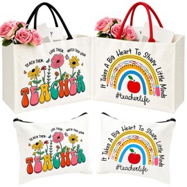 4 Pcs Teacher Appreciation Gifts for Women Bulk - Teacher Canvas Tote Bag with Makeup Bag Set, Thank You Gifts for Women Teachers from Students End of Term