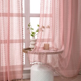 WAZZIO Light Pink Curtains 2 Panels 84 Inches Long Cotton Crochet Lace Sheer Curtain Cute Soft Baby Pink Curtains for Girls Room Nursery Living Room,Rod Pocket Tassel Semi Sheer Drapes,Dusty Grey Pink
