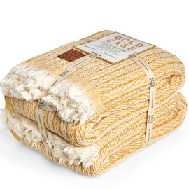 Gold CASE Vintage Throw & Blanket - Set of 2-50x60 inches Super Soft 100% Recycled Cotton - PRE-Washed Decorative and Multi-Purpose Boho Blankets for Couch, Farmhouse, Bed, Chair and Sofa, Mustard