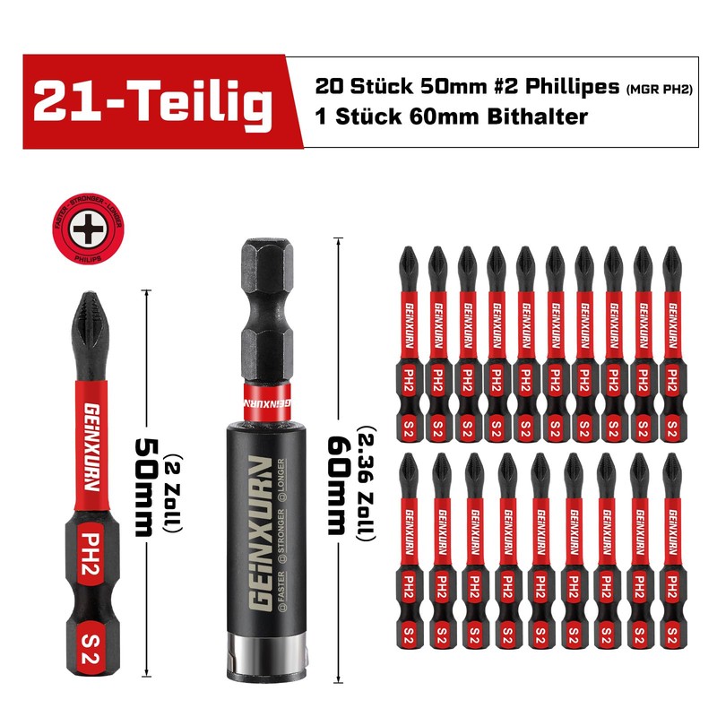 Geinxurn 20-Piece Bits Set #2 Phillips 25 mm PH2 Non-Slip