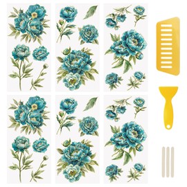 WANDIC 6 Sheets Teal Peony Rub On Transfer Stickers Cyan Flower Decals Furniture Decals for Home Decoration,15 * 30cm