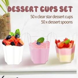 JEPELUS 50Pack 2oz Shooter Cups for Dessert Mini with Spoons, Clear Dessert Cups Star Shaped for Jello Pudding Yogurt Parfait, Tiramisu Container Cup for Party Wedding Baby Shower
