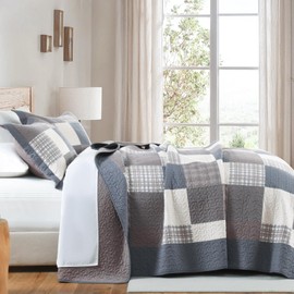 DUOHONG 100% Cotton Quilts Queen Size, Queen Quilt Bedding Set Bedspread, Patchwork Plaid Quilt for Queen Bed, 3 Pieces Farmhouse Reversible Lightweight Comforter Bed Spread, Gray/Brown/Beige