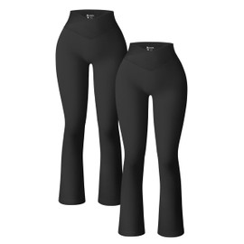OQQ Women's 2 Piece Yoga Pants Ribbed Seamless Workout High Waist Cross Over Bell Bottoms Exercise Flare Leggings Black Black