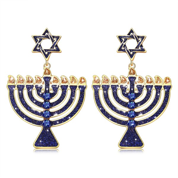 NLCAC Hanukkah Menorah Earrings Blue Hanukkah Festive Menorah Drop Dangle