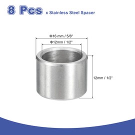 uxcell 8Pcs 304 Stainless Steel Spacer 5/8" OD x 1/2" ID x 1/2" Length(16x12x12mm) Screw Standoff Bushing Plain Finish Unthreaded Round Metal Spacer for M3 Screws Bolts and Rods, Silver