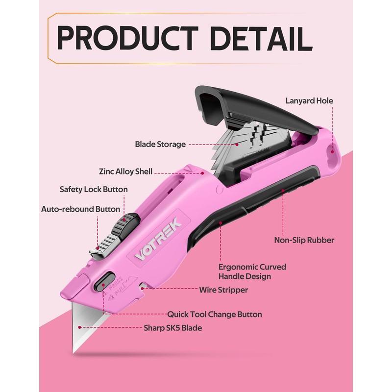VOTREK Box Cutter Utility Knife, 2-in-1 Safety Retractable Box Cutter