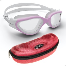 AqtivAqua Swimming Goggles Swimming Adult and Kids Swimming Goggles Kids 6-14 Men Women Swim Goggles Childrens Kids Boys Girls DX-H (White&Pink frame, Red case, Photochromic lens)