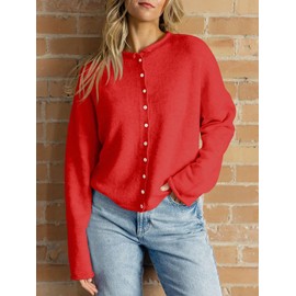 Saodimallsu Womens Button Up Cardigan Sweaters Long Sleeve Crew Neck Fall Soft Lightweight Knit Loose Sweater Tops Red