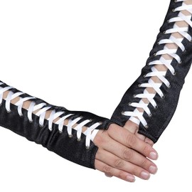 Skeleteen Fingerless Lace Up Gloves - Long Black Costume Elbow Arm Warmer Accessories with White Satin Laced Tie for Dress Up