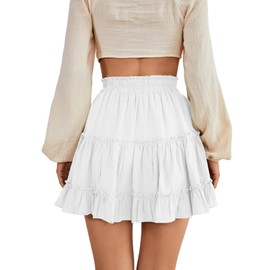 LYANER Women's Elastic Waist Pleated Layer Ruffle Hem Flowy A Line Short Skirt White2 Small