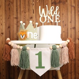 HODIHIWI Wild One 1st Highchair Banner Wood Bead Tassel Garland Lion Crown Hat Wooden Cake Topper Birthday Party Decorations
