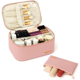 Makeup Bag Set Travel Cosmetic Bags Leather Large Capacity Toiletry Bag Waterproof Portable Makeup Organizer with Plastic Interior and Divider 2PCS Gifts for Mother Women Girls Pink