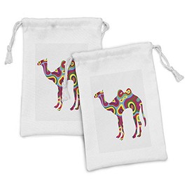 Ambesonne Modern Fabric Pouch Set of 2, Colorful Featured Camel Abstract Trippy Shapes and Bands Illustration, Small Drawstring Bag for Toiletries Masks and Favors, 9" x 6", Multicolor