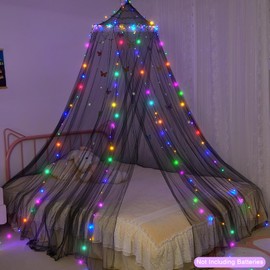FIOBEE Bed Canopy for Girls Room Bed Canopy Curtains with Led Lights Mosquito Net DIY Princess Room Décor with Stars Butterflies for Kids Bedroom, Black