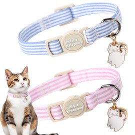 Unique style paws 2 Pack Spring Summer Kitten Collar Breakaway with Bell&Pendant, Adjustable Safety Blue Pink Stripe Cat Cotton Collar for Girl Boy Cat and Small Pet
