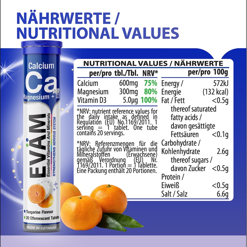 EVÄM Calcium Magnesium D3 Effervescent Tablets, Mandarin Flavour, 3 x