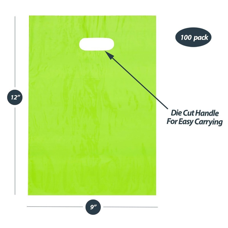 9x12 Lime Green Die Cut Handle Plastic Shopping Bags 100/cs