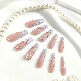 French Tip Press on Nails Long Coffin Fake Nails with 3D Rhinestones Butterfly Glitter Designs White Nails Press ons Glossy Glue on Nails Nude Acrylic Nails Cute Stick on Nails for Women 24Pcs