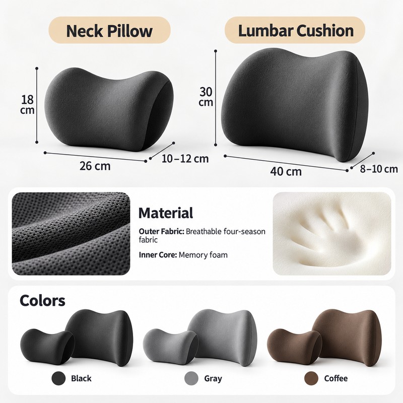 Car Memory Foam Neck & Lumbar Support Cushions for Driving