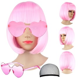 VCAY Bob Wig, 12 Inch Short Bob Cosplay Wig, Heat Resistant Glueless Wig with Adjustable Straps Wigs for Women with Wig Cap and Sunglass