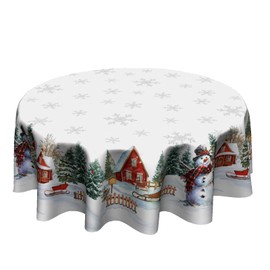 Kawani Winter White Snowman Snowflake Tablecloth Christmas Round Tablecloth 60 Inch White Table Cloth for Farmhouse Kitchen Decor Polyester Fabric Christmas Table Cover for Party Outdoor Camping