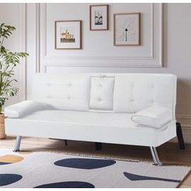 WRTEYEUI Convertible Sofa Bed Adjustable Couch Sleeper Folding PU Convertible Recliner Lounge Daybed for Living Room, Bedroom, Apartment, Office, White, 65.3"x27.5"x29"