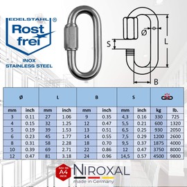 12 mm Stainless Steel Screw Connector V4A Screw Carabiner Chain Connector 4,500 kg Screw Emergency Link Quick Connector Quick Release Key Rings Emergency Link