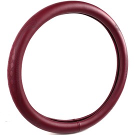 PJBTYZ 【2025 Model】 High-Grade Real Cowhide Steering Wheel Cover for Men Women，Wine Red Genuine Leather Steering Wheel Cover for Cars,Universal 14.5-15 inch Steering Wheels,Grid & Square Motif