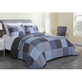 Chezmoi Collection Axel 3-Piece Plaid Checkered Grid Patchwork Quilt Set - Soft Lightweight 100% Washed Cotton Bedspread for All Season, Queen Size