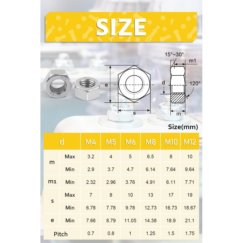 Caianwin 50Pcs M8 Stainless Hex Nuts DIN934 304 Stainless Steel