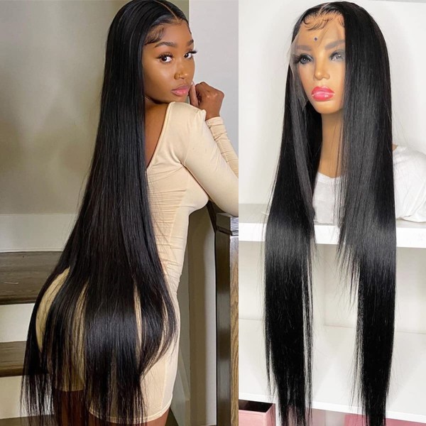 MSGEM 180% Density 13x4 HD Transparent Lace Front Wigs Human Hair 18 inch Brazilian Straight Human Hair Lace Front Wigs for Black Women Pre Plucked with Baby Hair Natural Color