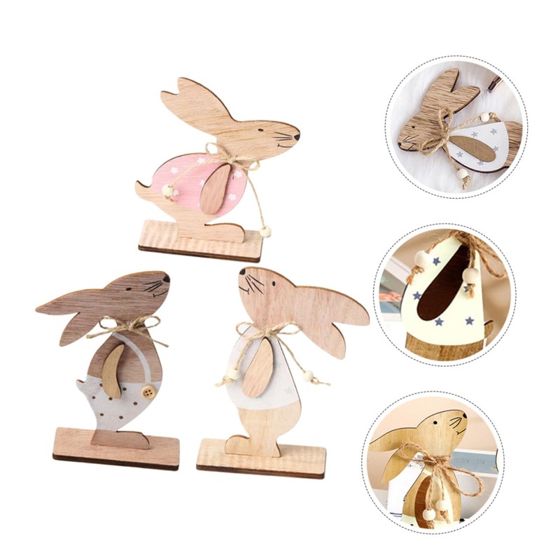 Ipetboom 3pcs Wooden Easter Bunny Decorations Cartoon Style Rustic Rabbit