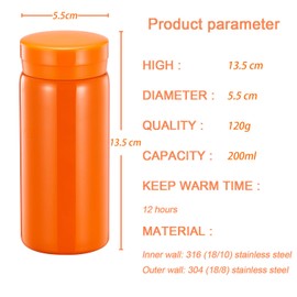 Small Flask, Cute Water Bottle, Vacuum Insulated Flask for Hot & Cold Drink, Keep 12H Hot & 6H Cold (Orange, 200ml)