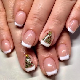 Christmas Press on Nails Short Square OFDNE White Fake Nails False Nails with Designs Cute Christmas Tree Full Cover Glossy Glue on Nails Acrylic Nails for Women Girls 24 Pcs