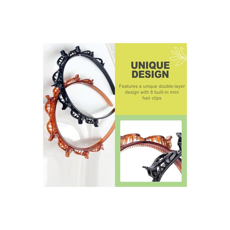 2 Pack Double Layer Headband with Mini Clips for Women