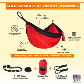 Gold Armour Hamaca de camping – Hamaca doble XL portátil hamaca accesorios de camping equipo para interiores y exteriores con correas de árbol, marca con sede en Estados Unidos (rojo y negro)