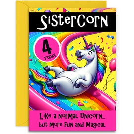 Sistercorn 4th Birthday Card - Funny Unicorn Happy Birthday Card for Sister. A5 with Yellow Envelope - Designed and Printed in the UK