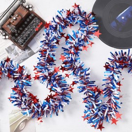50 Feet 4th of July Tinsel Garland Red White Blue Patriotic Star Garland Twisted Hanging Streamer for 4th of July Party Decoration Independence Day Memorial Celebration (Style A)