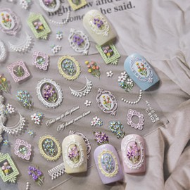 3D Embossed Self-Adhesive Nail Sticker Colorful Flowers Nail Art Decal with Vintage Picture Frames Designs Vintage Manicure Decoration Supplies Pegatinas Uñas for Women Finger Art