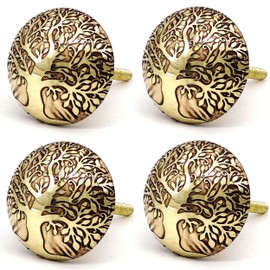 Set of 4 Tree of Life Cabinet Knobs with Antique Finish | Brass Pulls with Reversible Metal Backplate | Handmade Furniture Hardware Handles for Door, Drawer, Dresser or Kitchen Cabinetry (4)