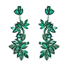 Flyonce Vintage Style Art Deco Wedding Dangle Earrings for Women, Green Rhinestone Crystal Enamel Floral Lead Bridal Chandelier Silver-Tone