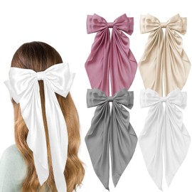 4 Pcs Large Satin Ribbon Hair Bows for Women, Long-Tail Coquette Bow Hair Clips, Oversized Cute Silk Bow Barrettes Hair Accessories Girls Teens (Style A)