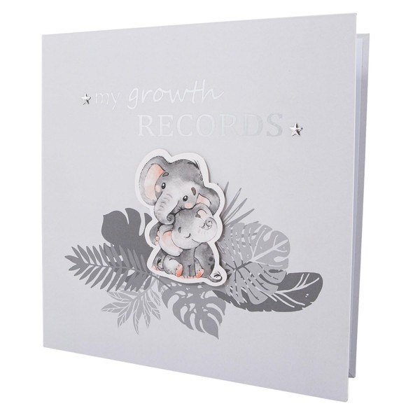 Happy Homewares Grey Elephant Themed Cute Baby Growth Records Book with 32 Pages to Personalise | First Adventure, Picture Spaces, Envelope for First Haircut, First Christmas etc